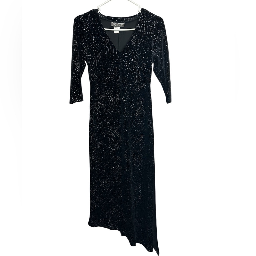 Maggy London Black Paisley Dress Asymmetrical Bottom 3/4 Sleeves Size 4p